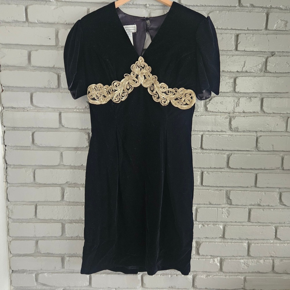Scott McClintock Vintage Black Velvet Gold Soutache Dress Open Back Size 14 90s